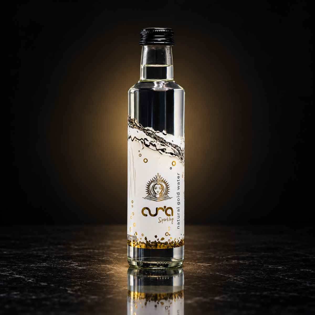 AUR’A 330 mL sparkling water in glass, black cap