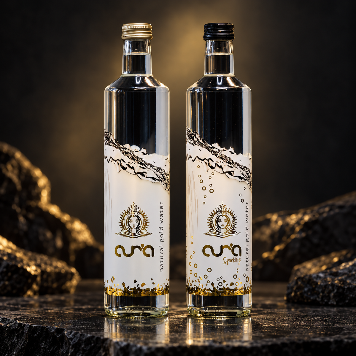 AUR’A 750 mL still and sparkling bottles side by side