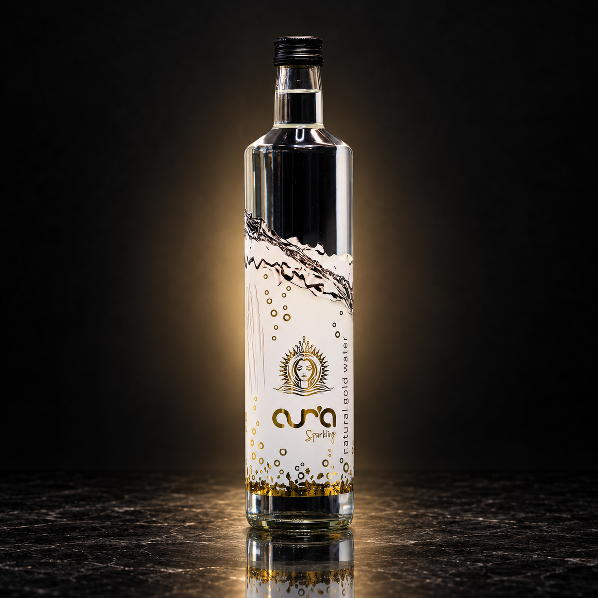 AUR’A 750 mL sparkling water in glass, black cap