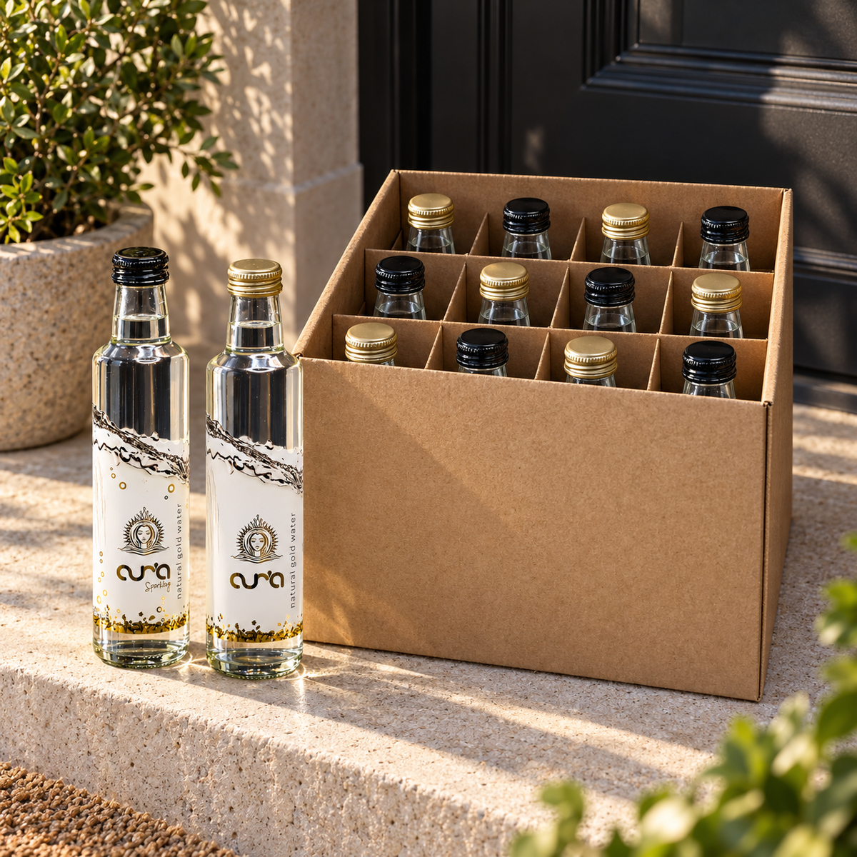 AUR’A 330 mL monthly delivery case, twelve bottle tops visible, with still and sparkling display bottles