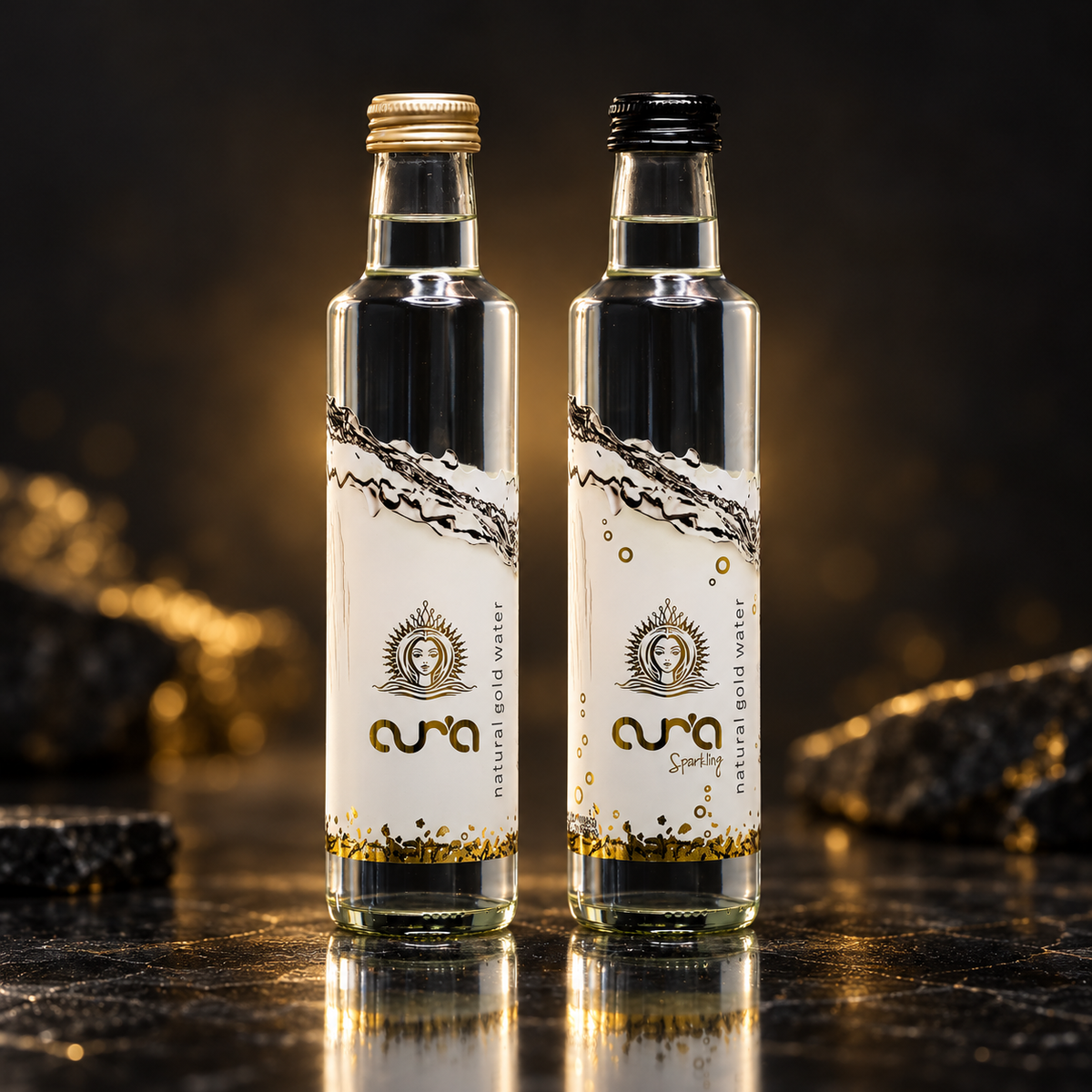 AUR’A 330 mL still and sparkling bottles side by side