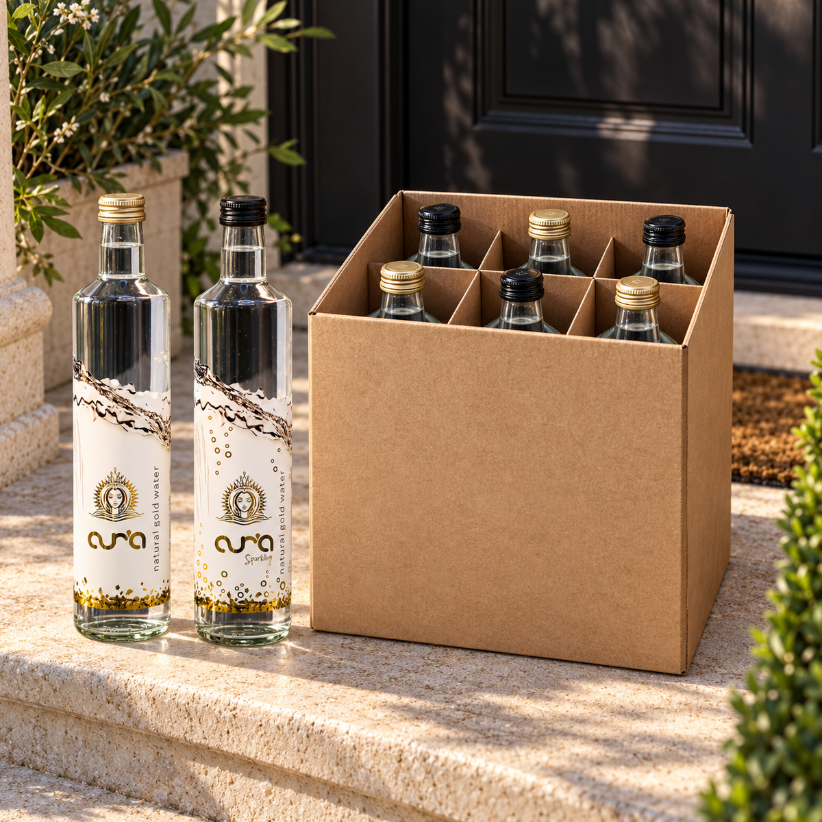 AUR’A 750 mL monthly delivery case, six bottle tops visible, with still and sparkling display bottles