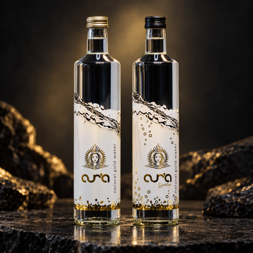 AUR’A 750 mL still and sparkling bottles side by side