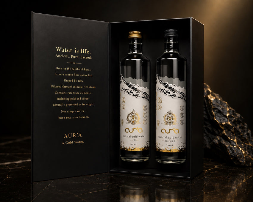 Open AUR’A gift box with one 750 mL still bottle with a gold cap and one 750 mL sparkling bottle with a black cap.
